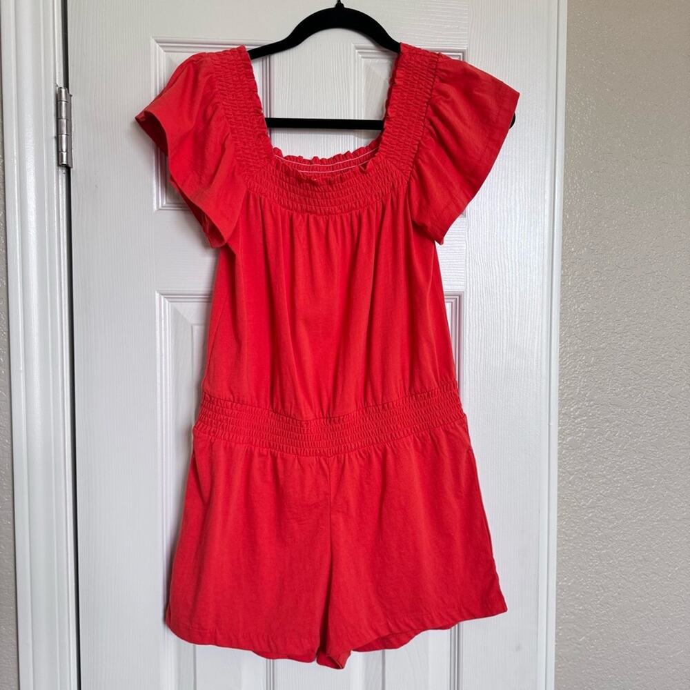NWT J. Crew Orange Romper Soft Knit Smocked Waist Ruffle Sleeve Women's Size XXS
